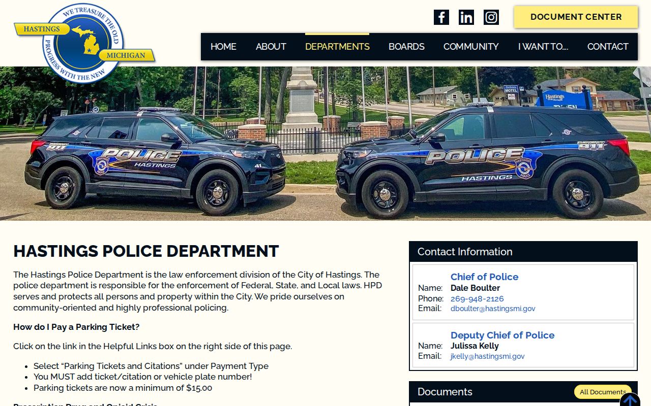 Captured Hastings Police Department webpage with local police information