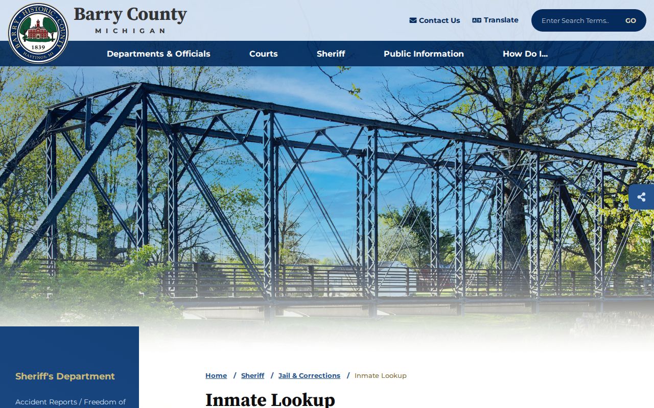 Barry County inmate lookup page directing visitors to VINELink
