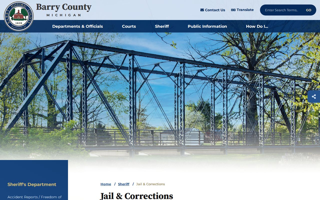 Barry County Jail and Corrections page with inmate service links