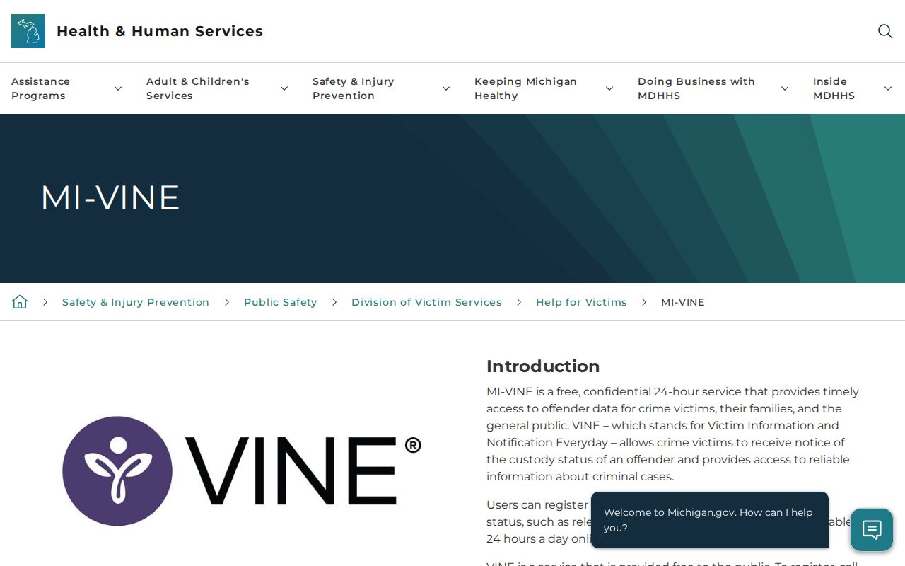 Michigan MI-VINE official custody notification information page