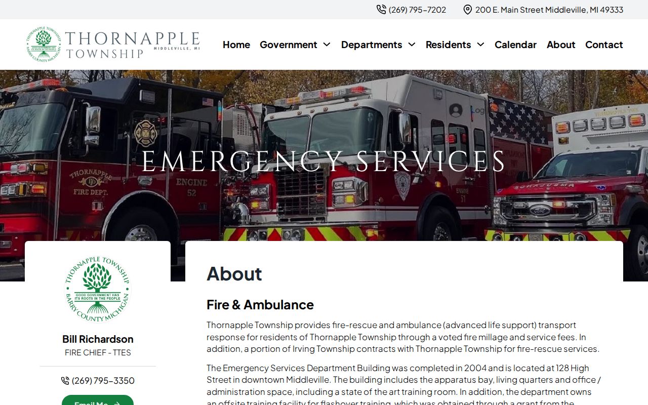 Captured Thornapple Township emergency services webpage explaining Middleville police service